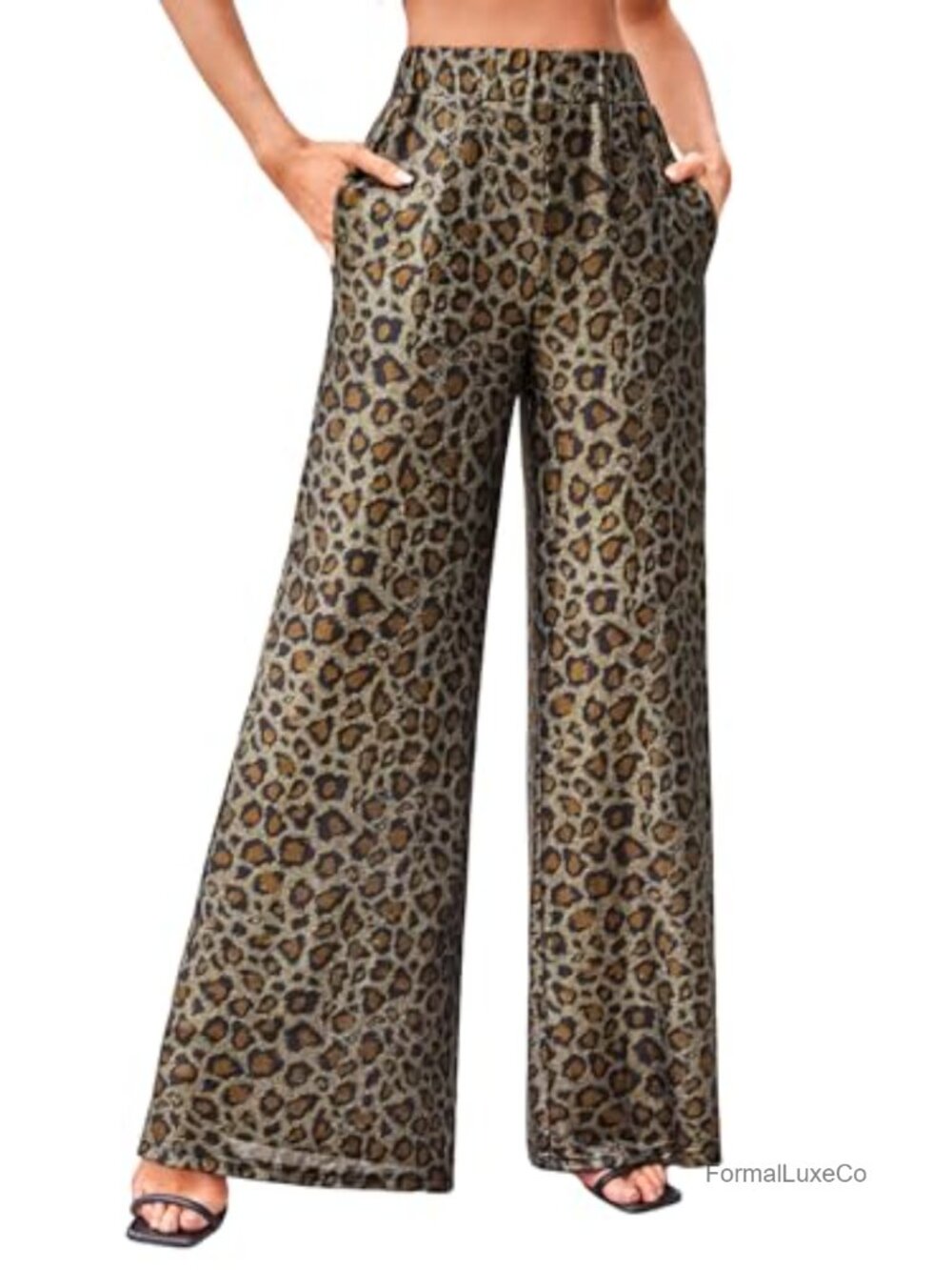 Wide Leg Leopard Print Chiffon Pants High Waisted Drawstring Trousers
